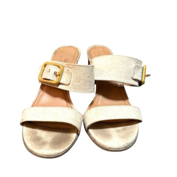 Tommy Bahama Trista Linen Heels 9M | Gold Buckle Block Heel Resort Vibes - Picture 6 of 7
